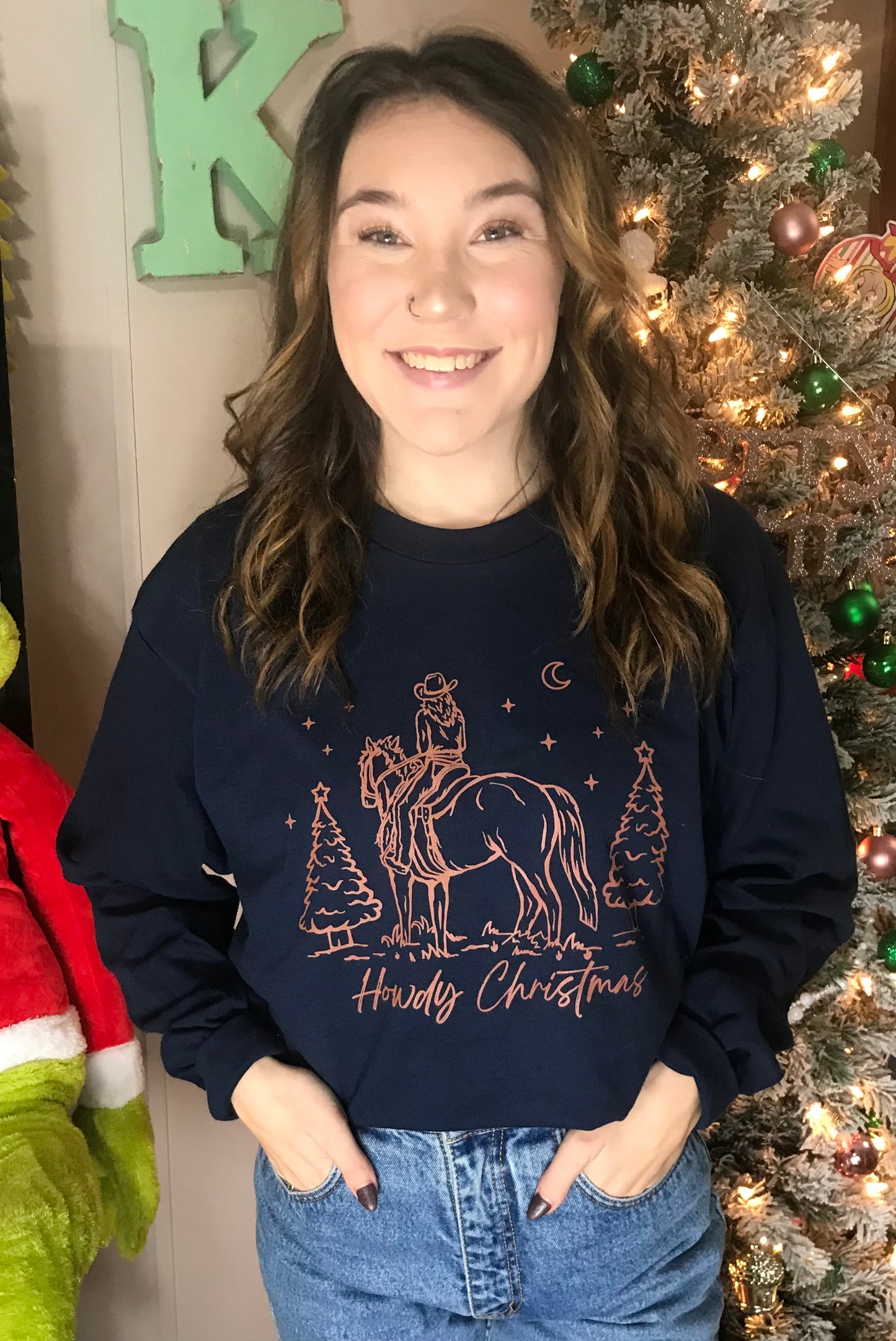 Howdy Christmas Cowgirl Shirt Navy Blue