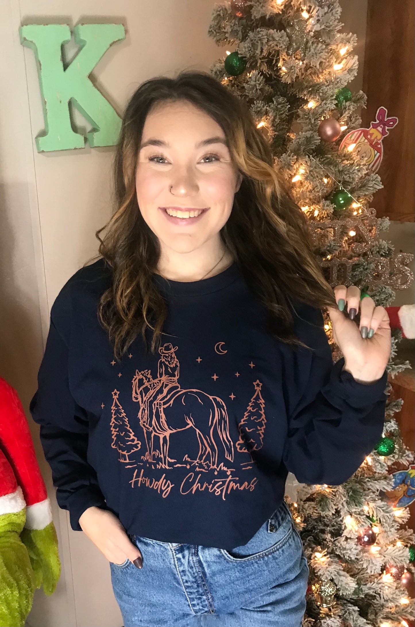 Howdy Christmas Cowgirl Shirt Navy Blue